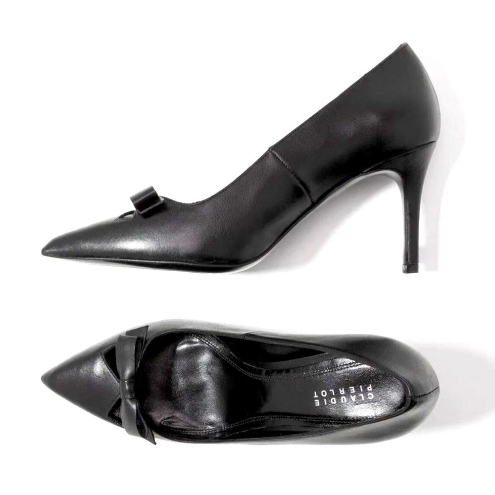 NEW Claudie Pierlot Paris Bow Black Leather Court Pointed Toe Stiletto Heels 36
